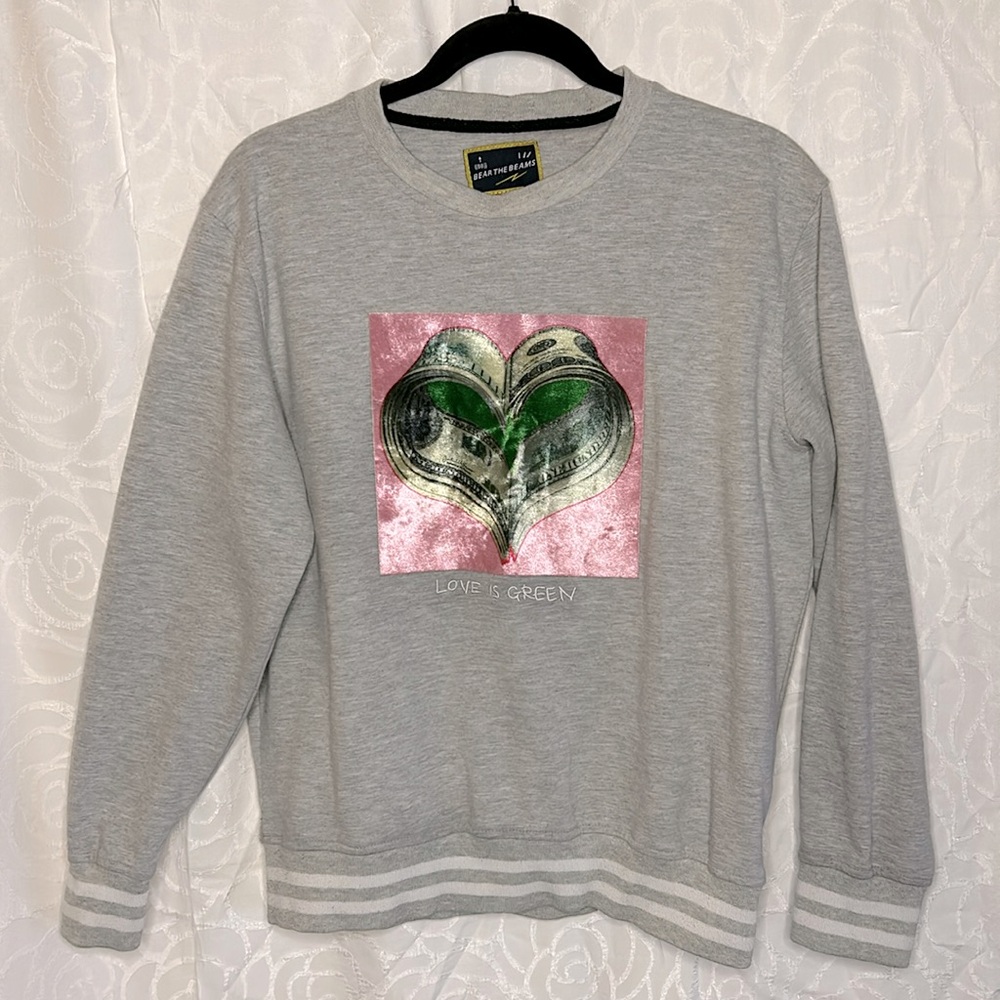 BEAR THE BEAMS gray/pink/green cotton long sleeve sweatshirt top. Size S.